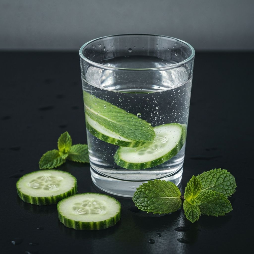Clear water glass with cucumber and mint leaves
