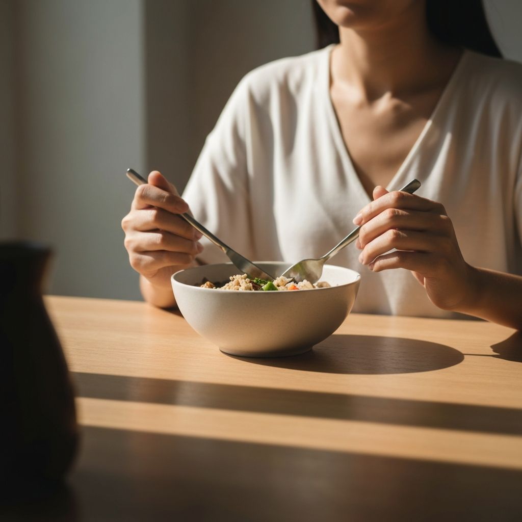 Person eating mindfully at a table with a wholesome bowl