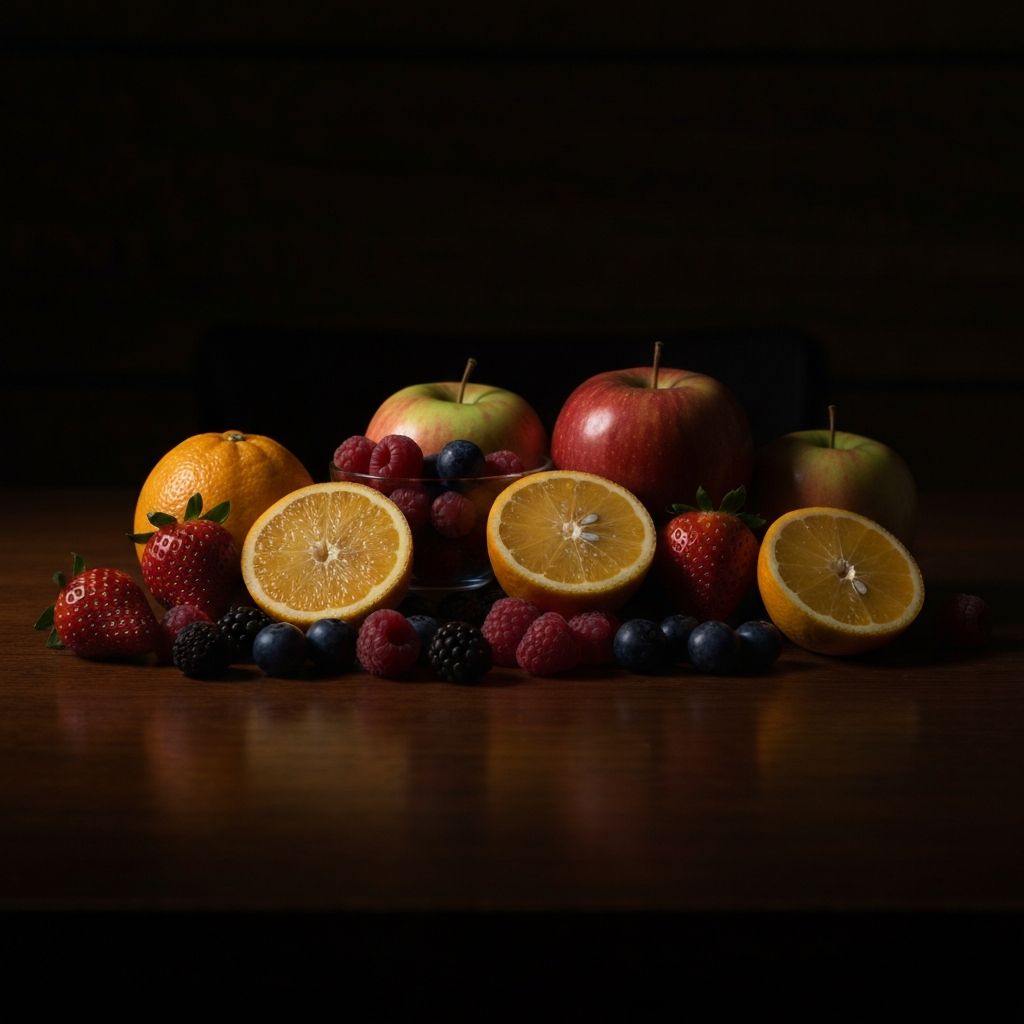Fresh fruits including berries and citrus slices on wood