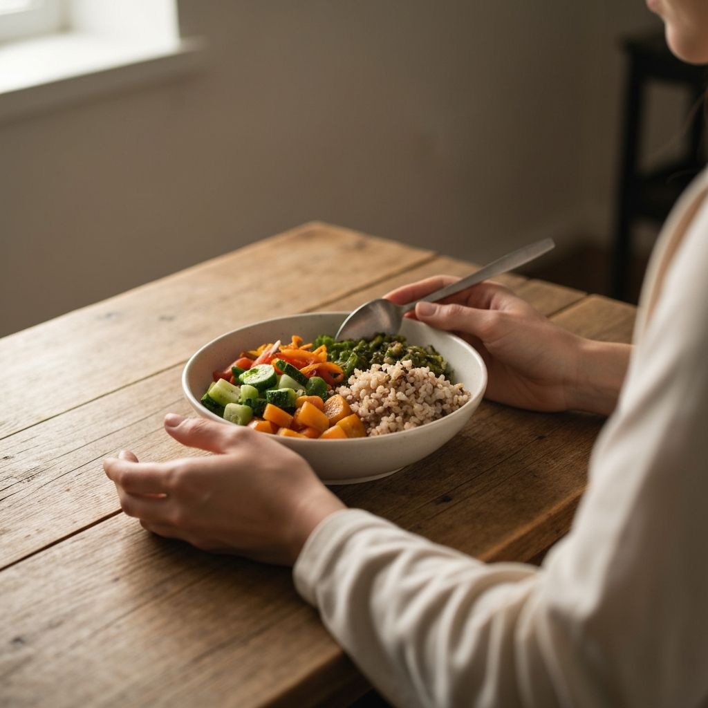 Person eating mindfully at a wooden table with a wholesome meal